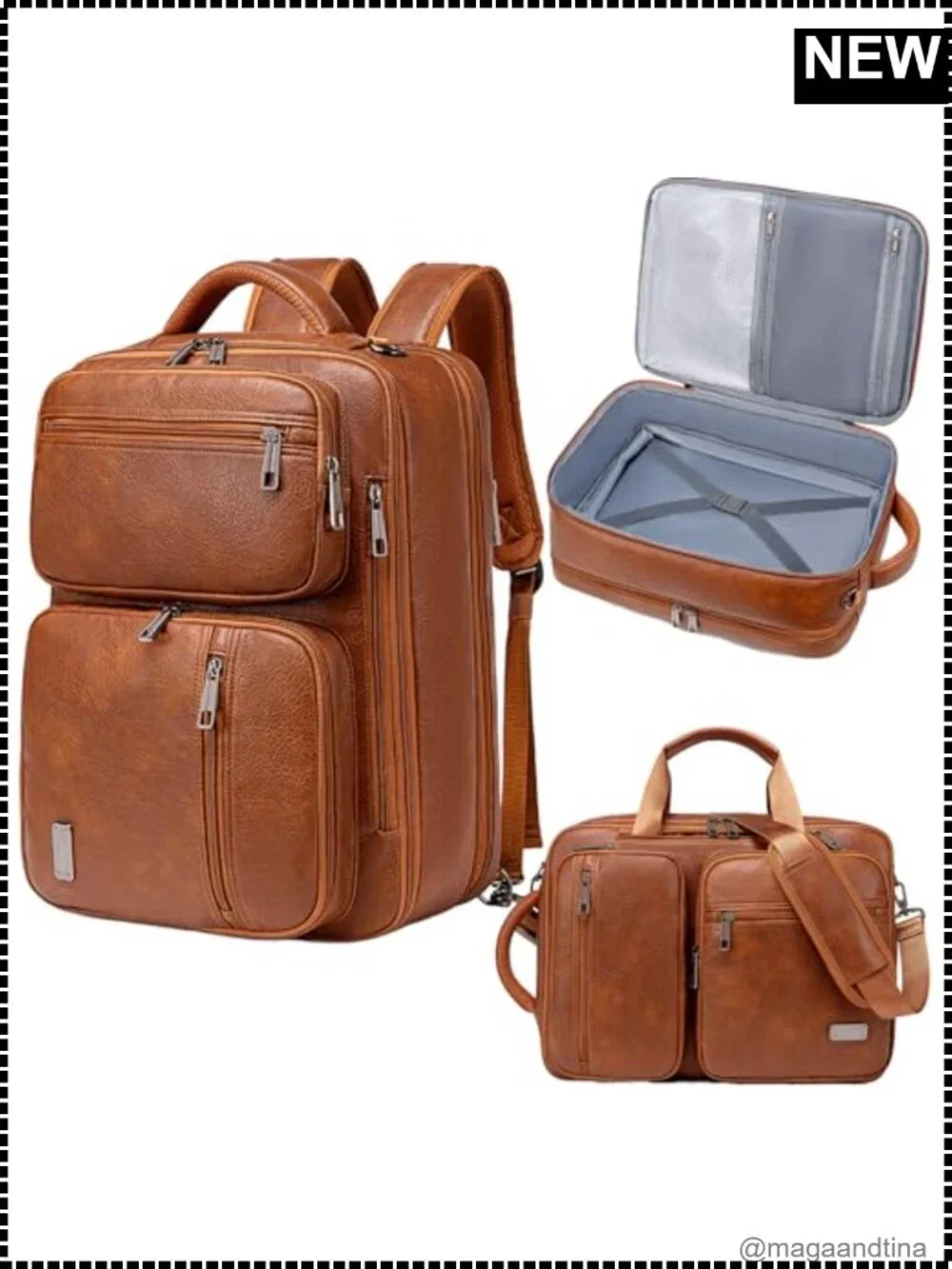 Vegan Leather 3-in-1 Convertible Laptop Backpack Briefcase Messenger Bag
